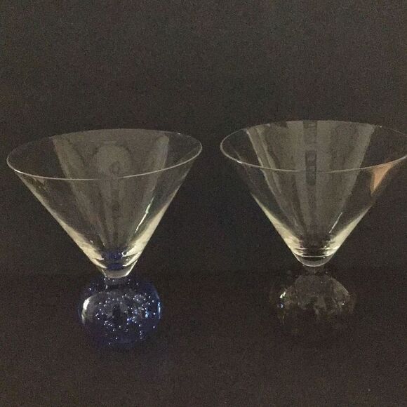 Wine glass handblown bubble bottom Set of 2 one blue one in Amber - Picture 1 of 4